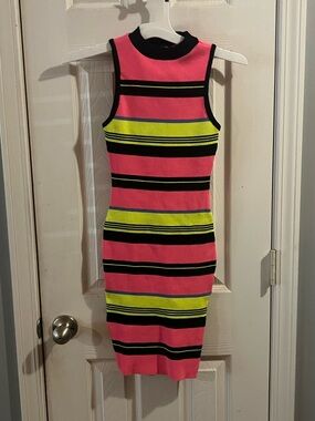 Fashion Nova Pink, Neon Yellow & Black Striped Bodycon Dress